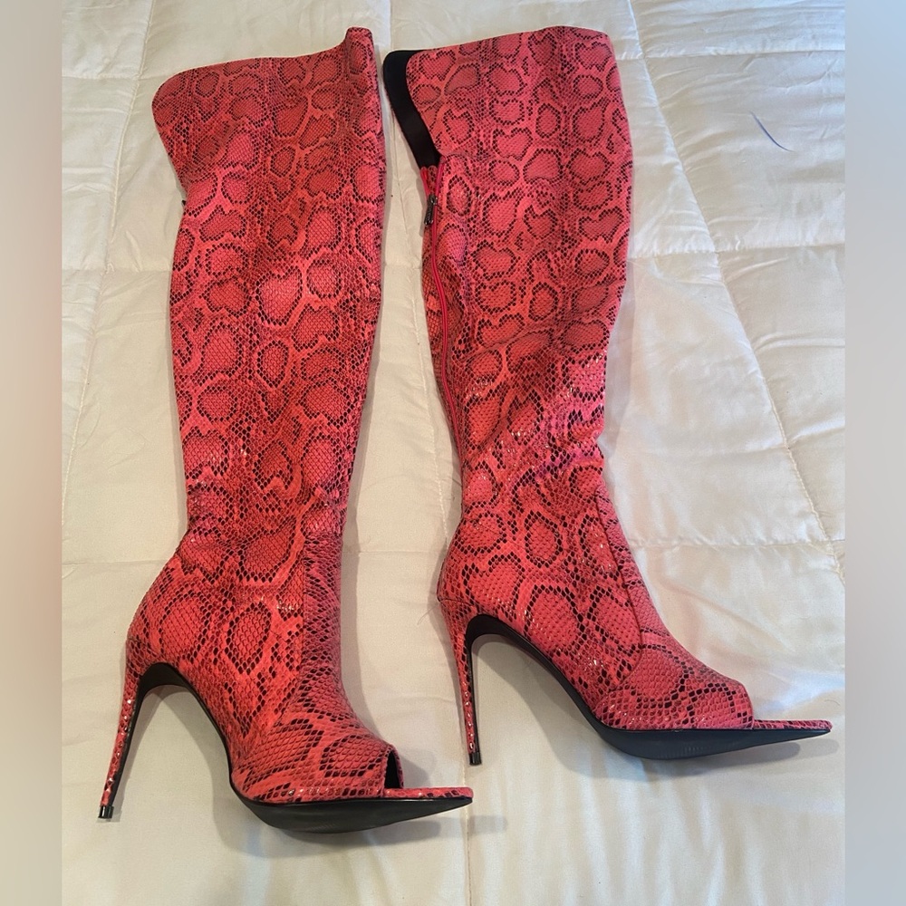 Pink Python Snake-Print Peep-Toe faux leather Knee-High Boots -4” stiletto heels
